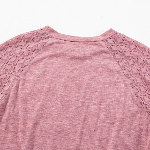 Rose Pink Contrast Lace Raglan Sleeve Plicate Round Neck Top - Picture 9 of 13